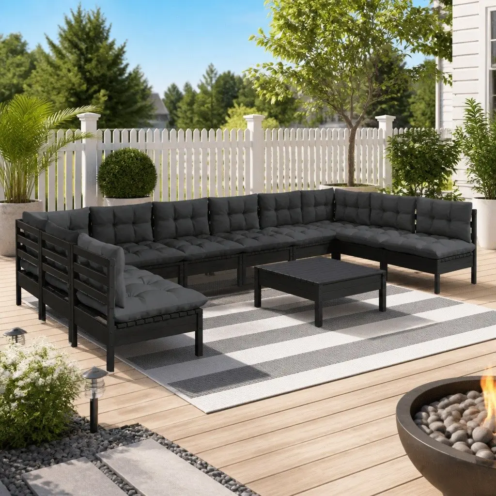 Modular Outdoor Garden Lounge Set Black Solid Pinewood 11 Piece with Cushions