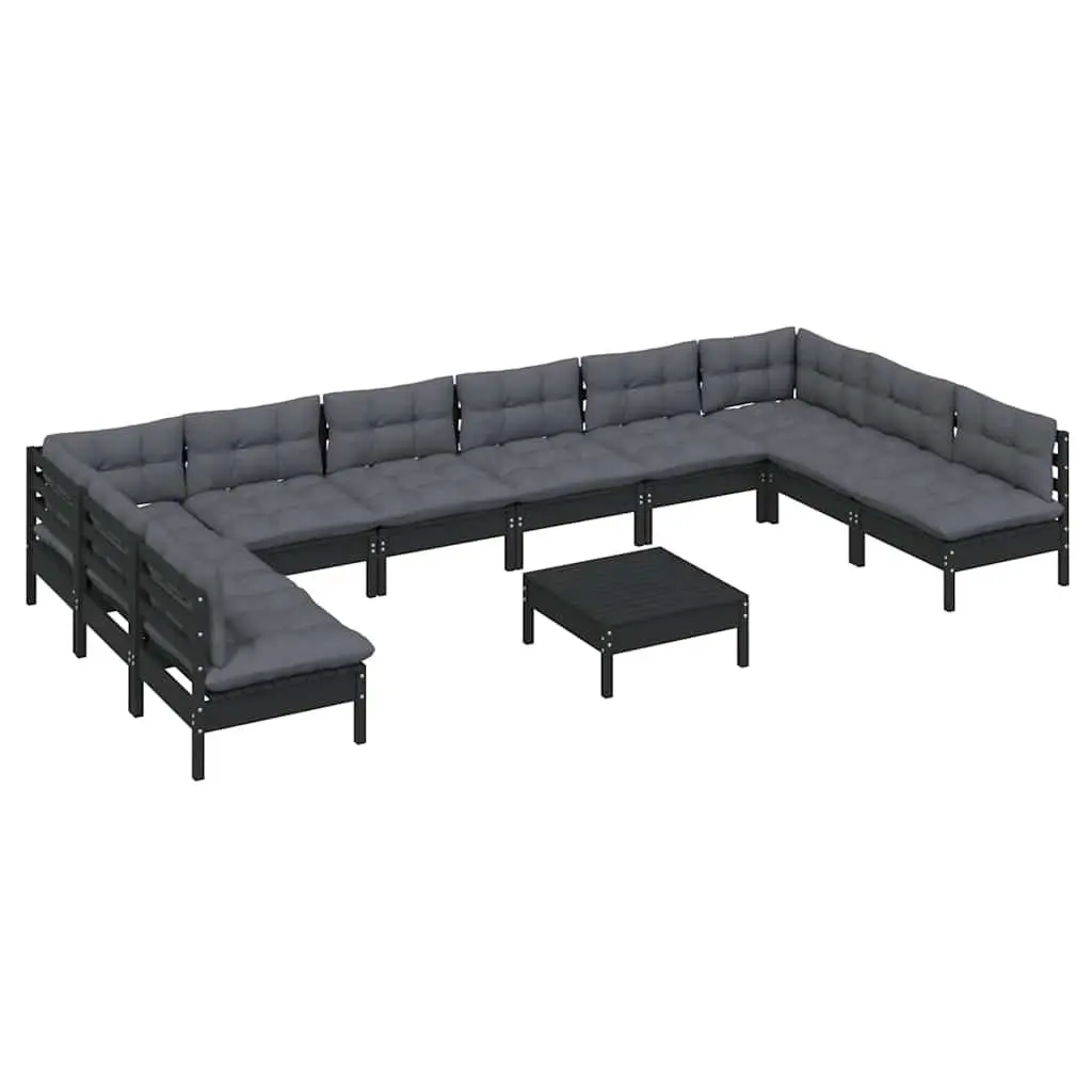 Modular Outdoor Garden Lounge Set Black Solid Pinewood 11 Piece with Cushions
