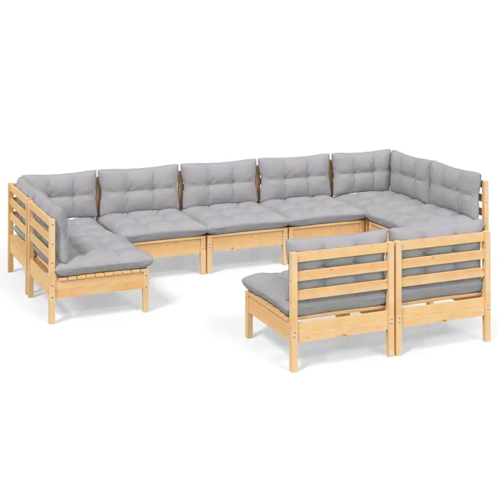 Garden Lounge Set 9 Piece Outdoor Patio Furniture with Grey Cushions Pinewood