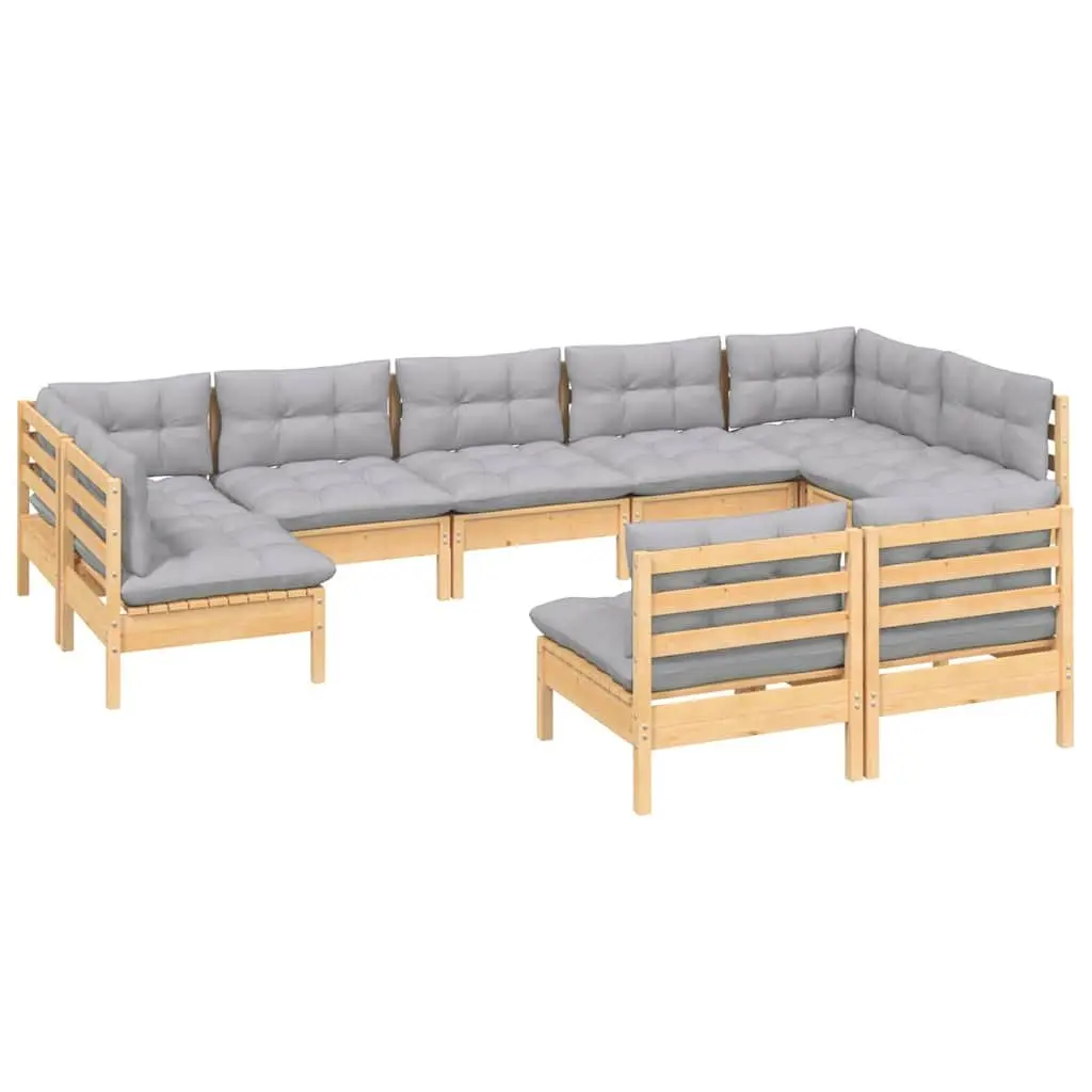 Garden Lounge Set 9 Piece Outdoor Patio Furniture with Grey Cushions Pinewood