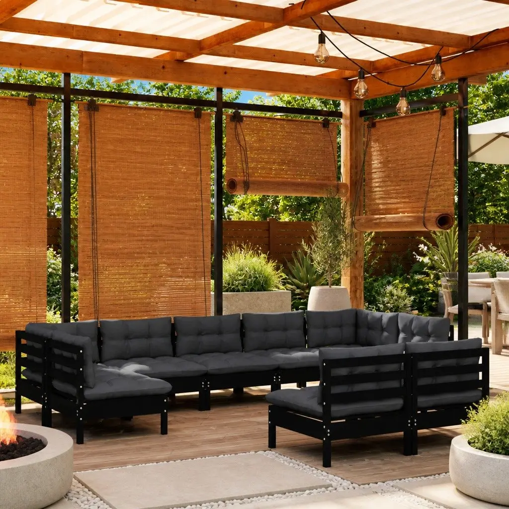 9 Piece Garden Lounge Set Solid Pinewood Outdoor Patio Furniture with Cushions Black