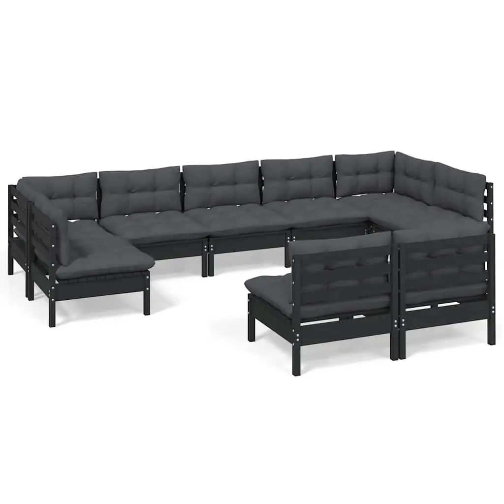 9 Piece Garden Lounge Set Solid Pinewood Outdoor Patio Furniture with Cushions Black
