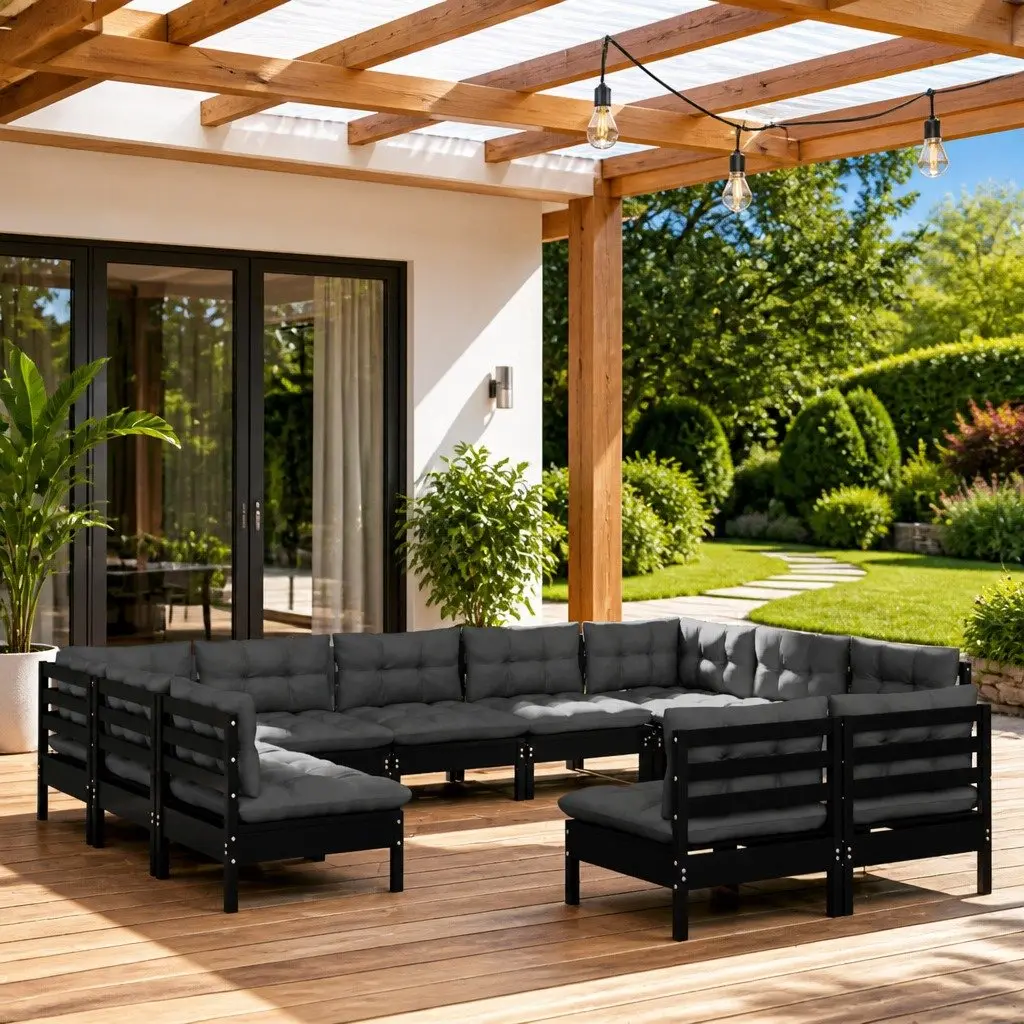 Garden Lounge Set 11 Piece Outdoor Patio Furniture Black Pinewood with Cushions