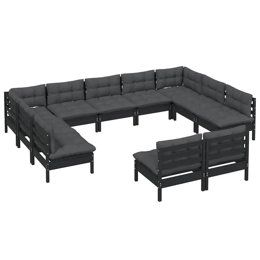 Garden Lounge Set 11 Piece Outdoor Patio Furniture Black Pinewood with Cushions