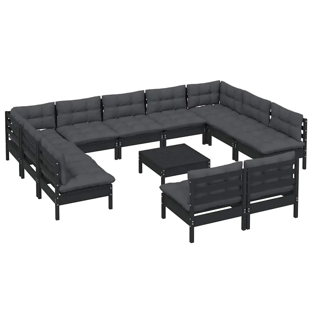 12 Piece Outdoor Furniture Set Black Pinewood Lounge with Cushions