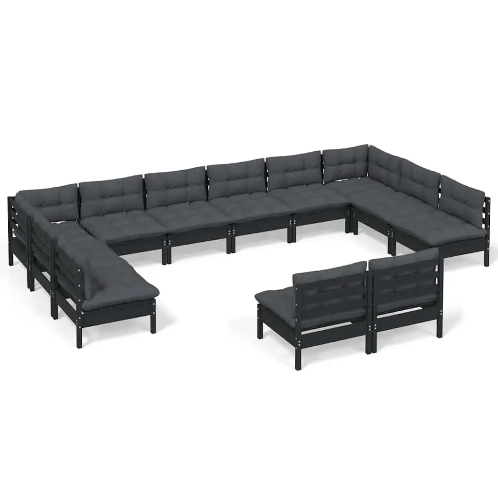 Garden Lounge Set Solid Pinewood 12 Piece Outdoor Patio Furniture Black with Cushions