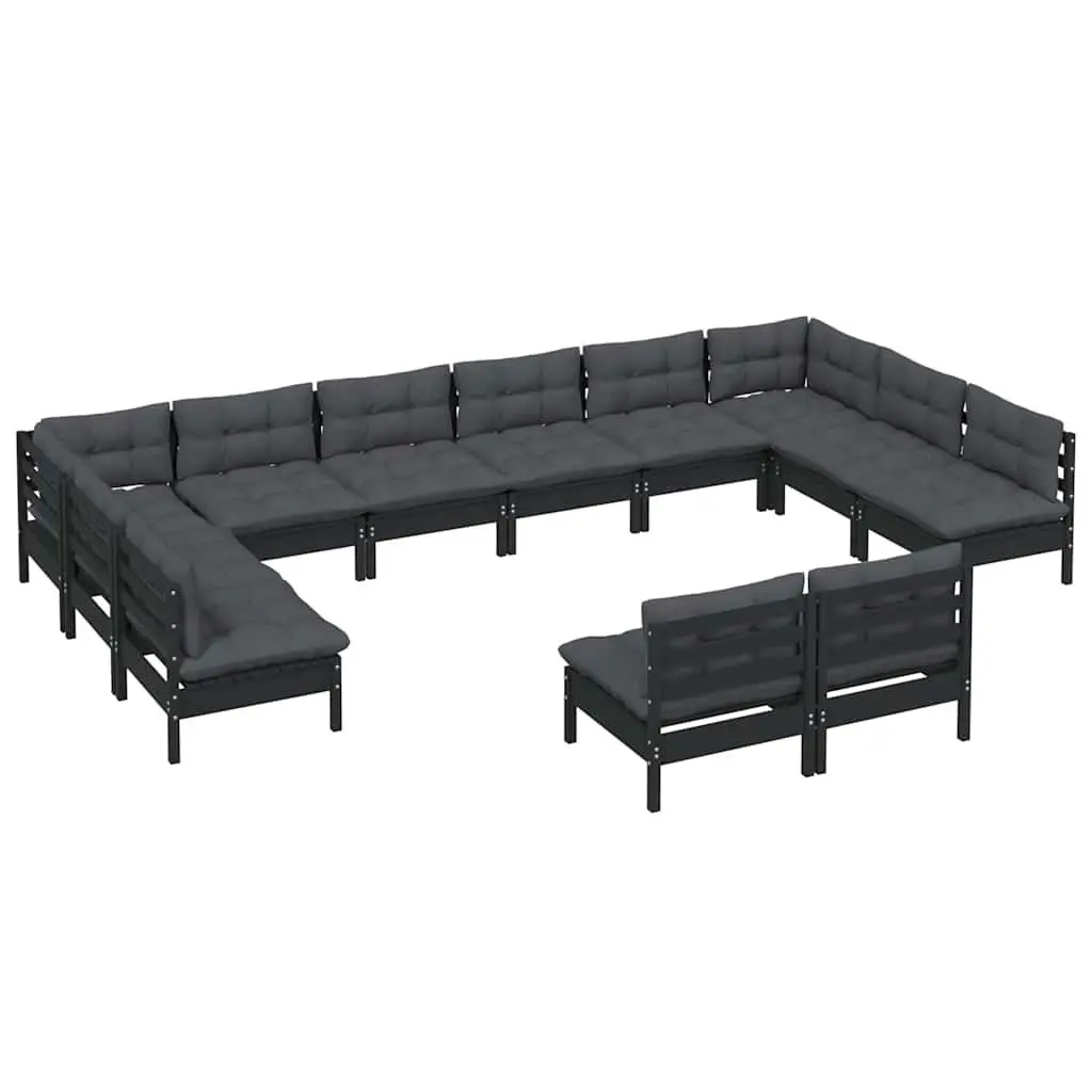Garden Lounge Set Solid Pinewood 12 Piece Outdoor Patio Furniture Black with Cushions