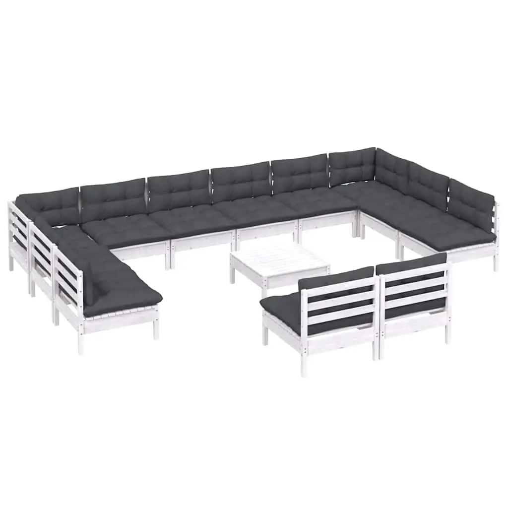 Garden Lounge Set 13 Piece White Solid Pinewood Patio Furniture with Cushions