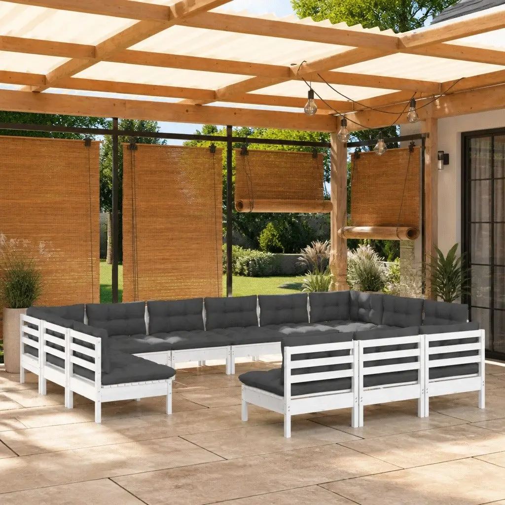Modular 13 Piece White Patio Garden Lounge Set Solid Pinewood with Cushions