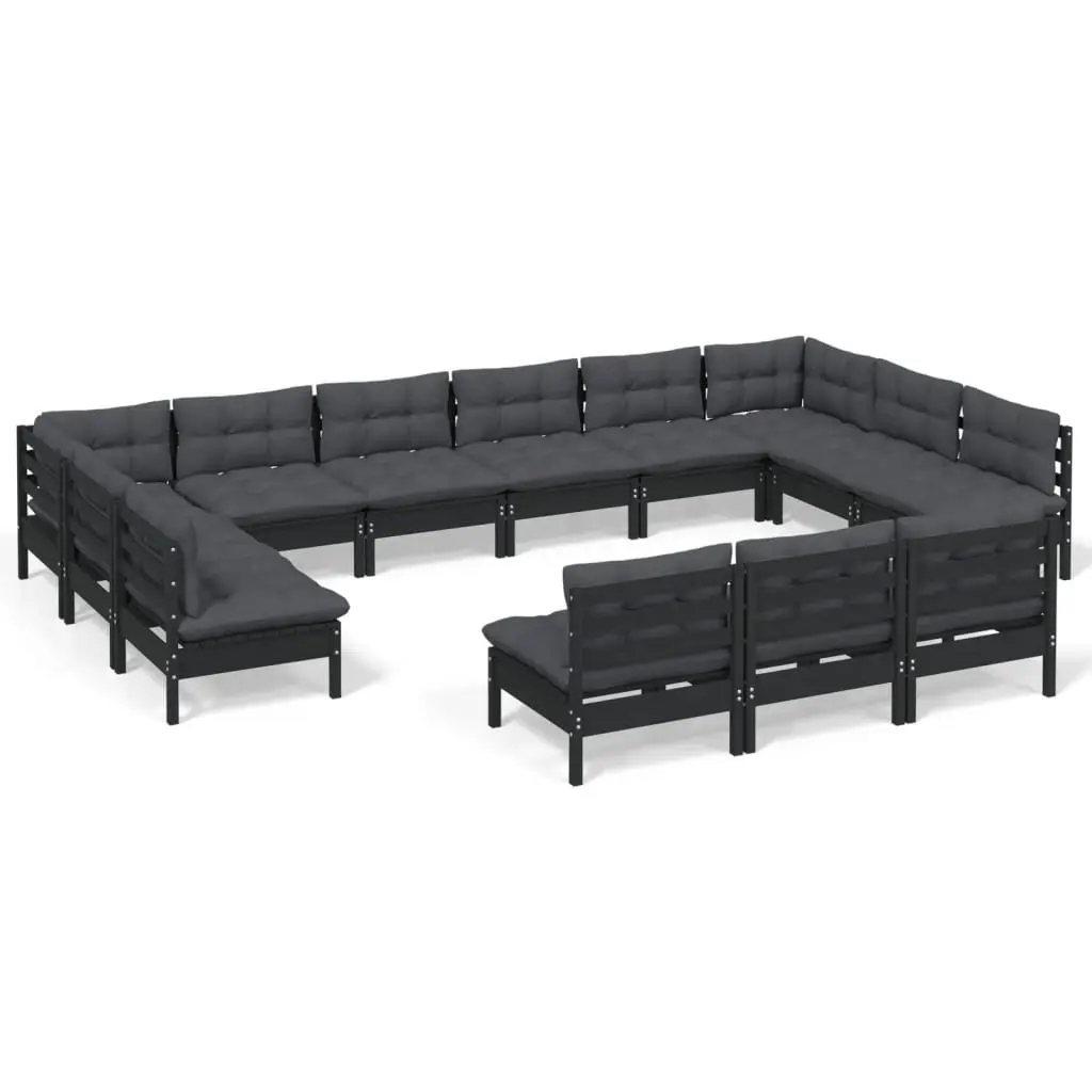 Black Modular Garden Lounge Set 13 Piece Solid Pinewood Outdoor Patio Furniture