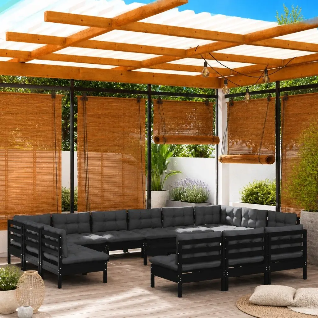 14 Piece Modular Outdoor Lounge Set Black Pinewood with Cushions