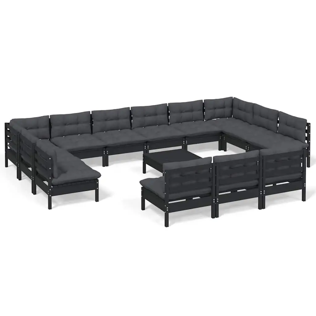 14 Piece Modular Outdoor Lounge Set Black Pinewood with Cushions