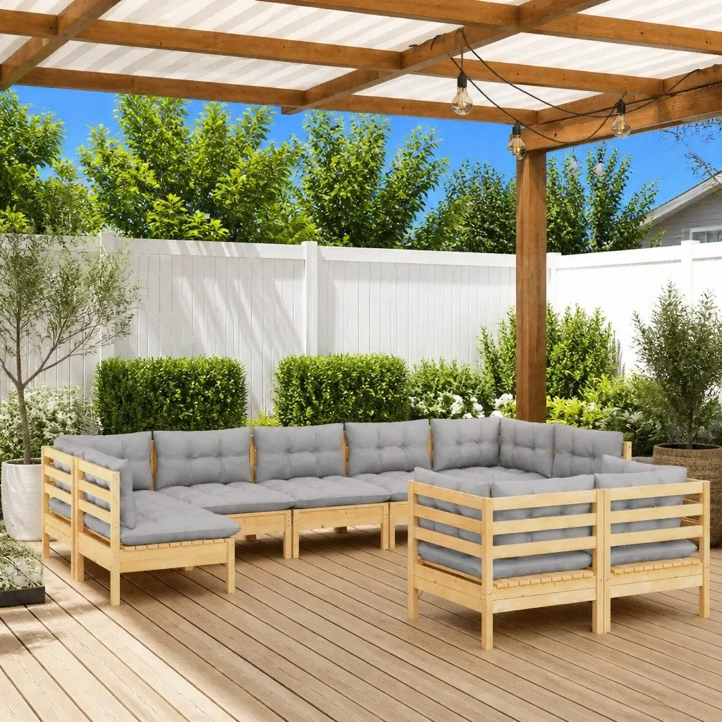 Garden Lounge Set 9 Piece Solid Pinewood Outdoor Patio Furniture with Grey Cushions