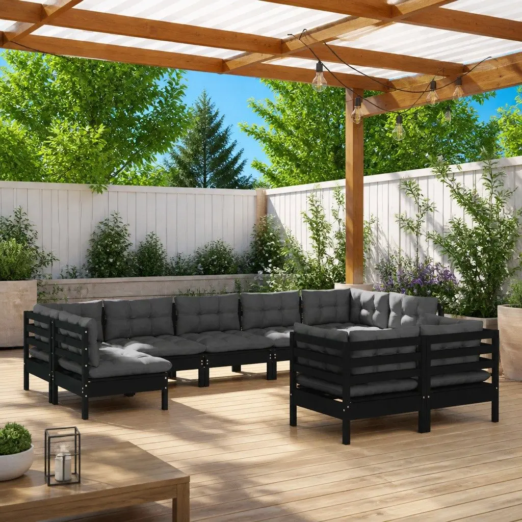 9PieceModularGardenLoungeSetBlackCushionsSolidPinewoodOutdoorPatioFurniture