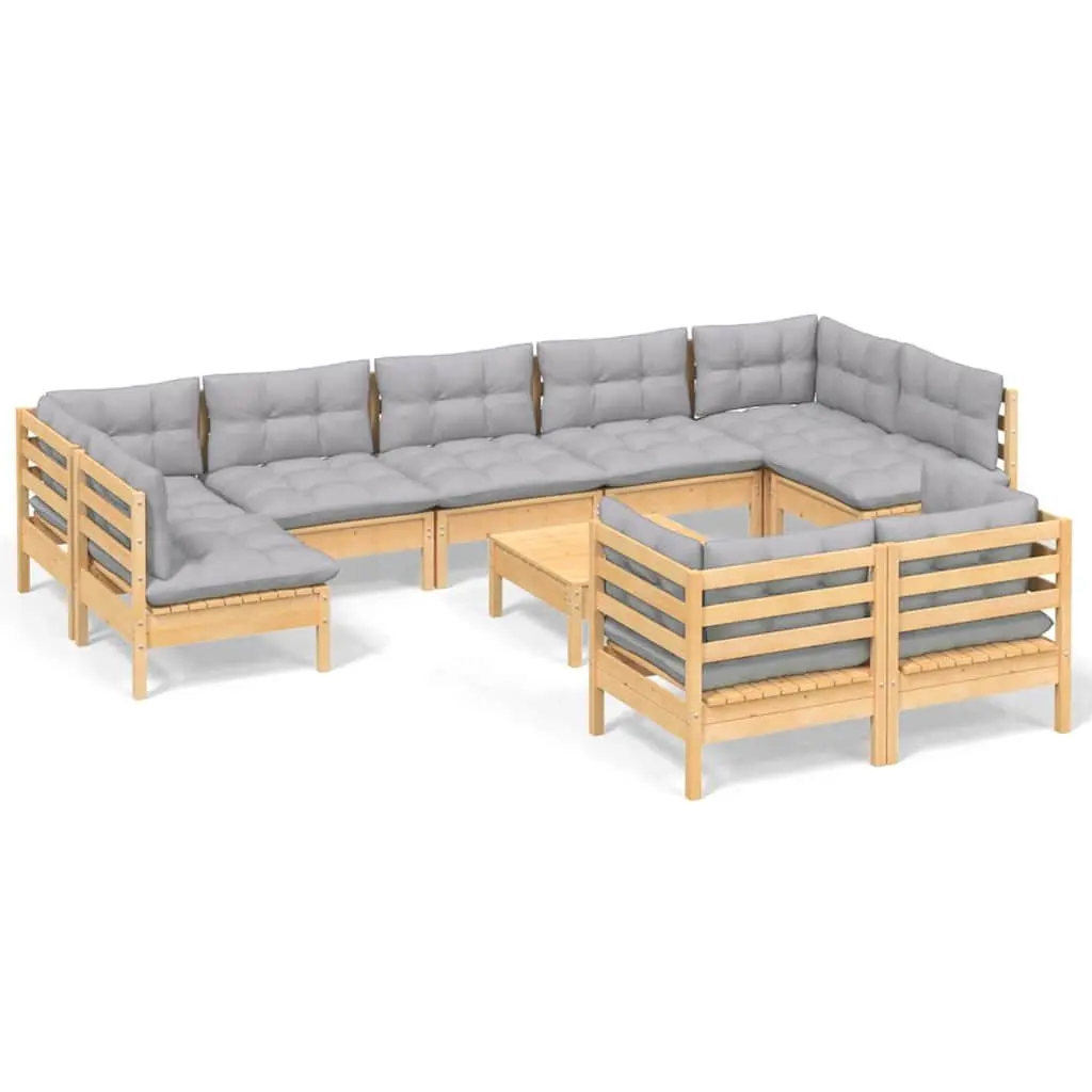 10 Piece Modular Garden Lounge Set Pinewood Furniture Grey Cushions Outdoor Patio