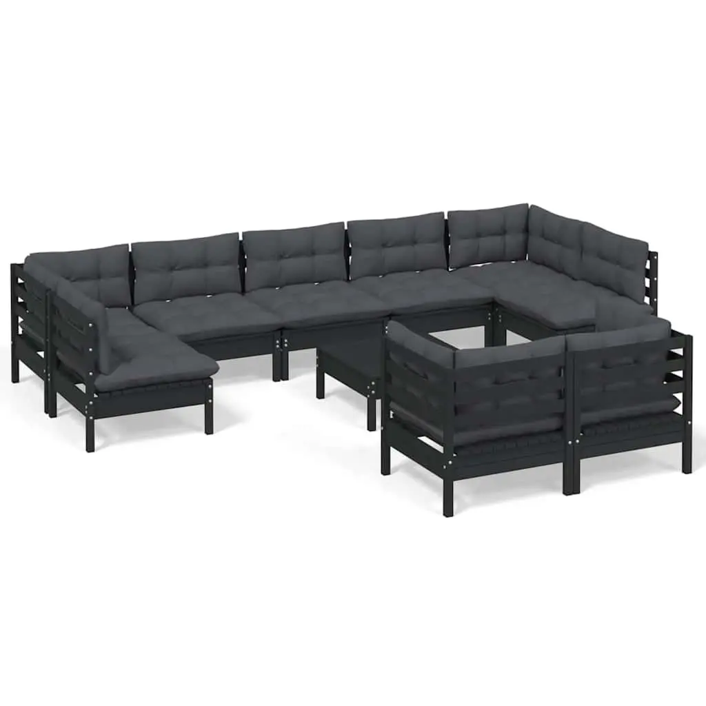 Garden Lounge Set Solid Pinewood 10 Piece Modular Outdoor Patio Furniture Black with Cushions