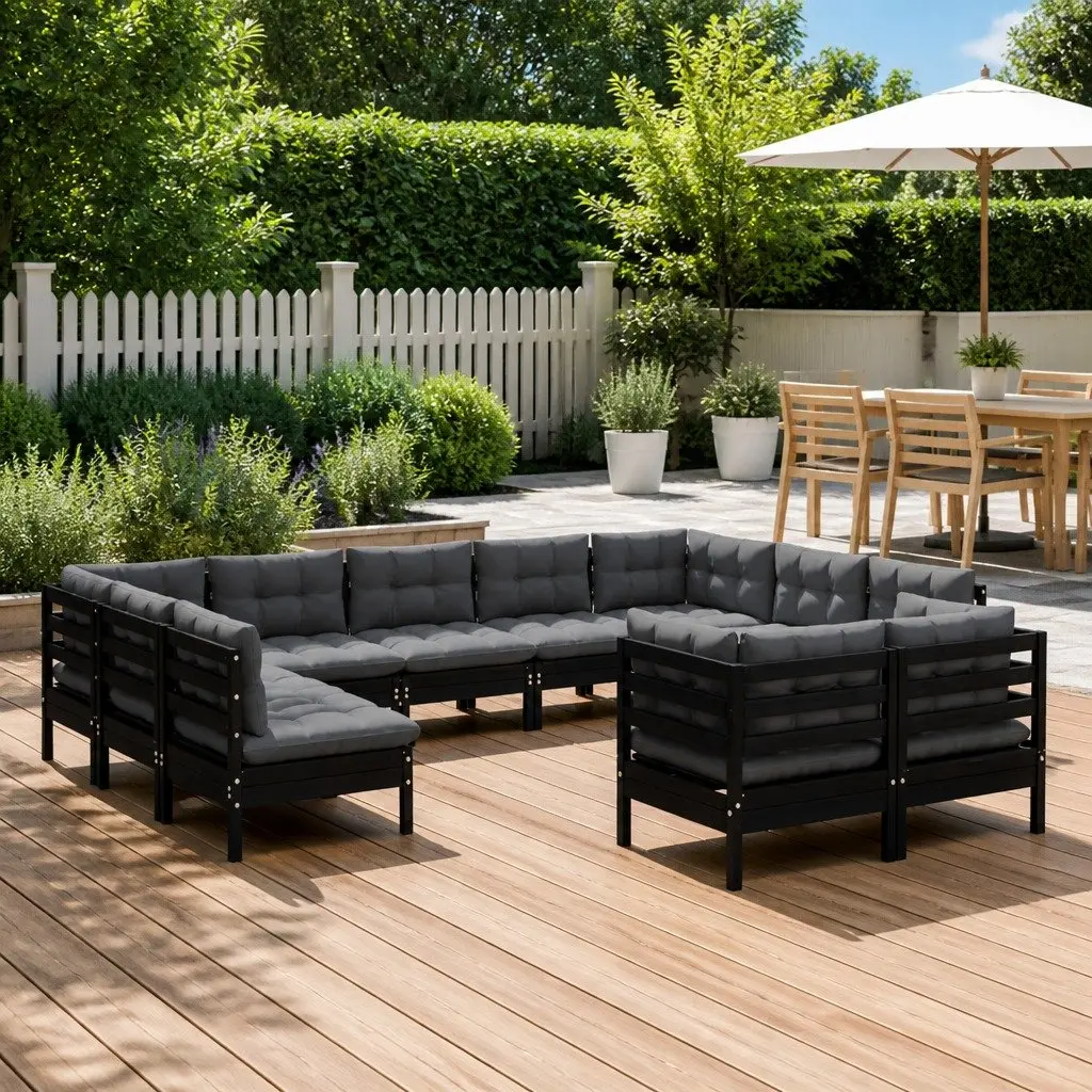 Outdoor Lounge Set 11 Piece Modular Black Solid Pinewood Furniture with Cushions