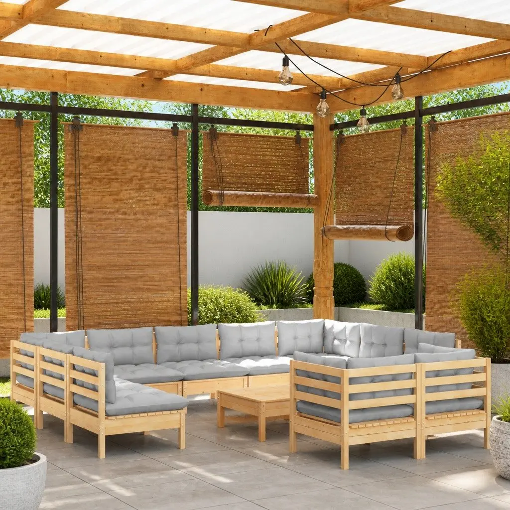 12 Piece Modular Outdoor Patio Furniture Set Solid Pinewood with Grey Cushions