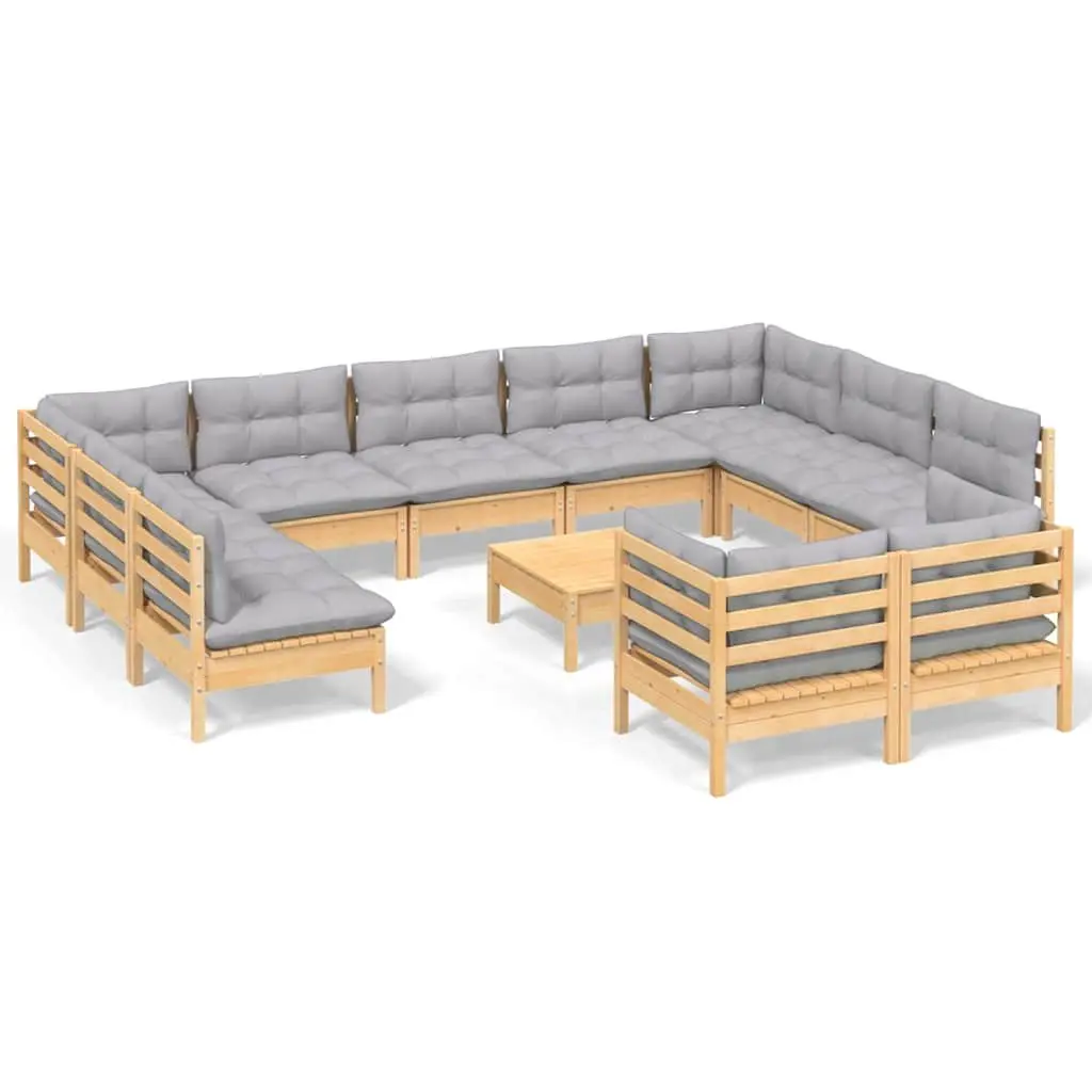 12 Piece Modular Outdoor Patio Furniture Set Solid Pinewood with Grey Cushions