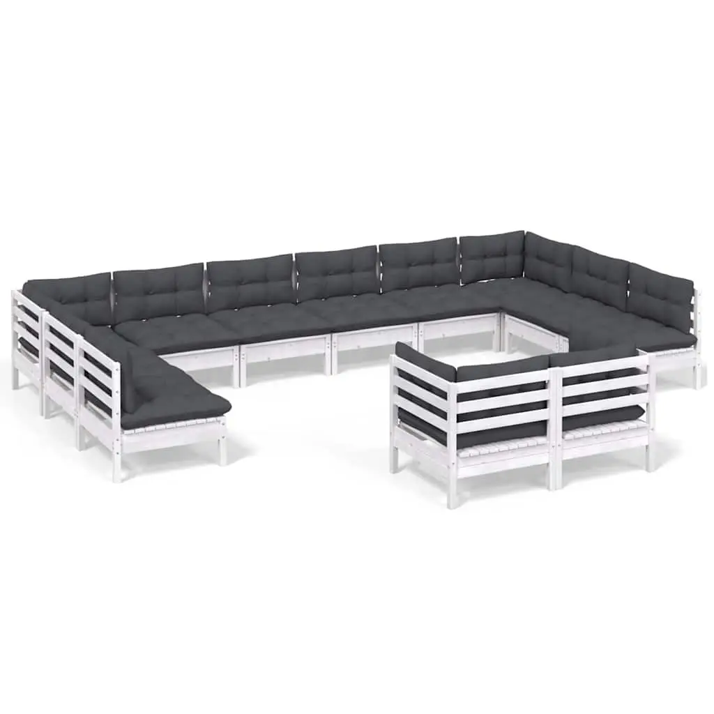 12 Piece Modular Garden Lounge Set White Solid Pinewood with Cushions Outdoor Patio Furniture