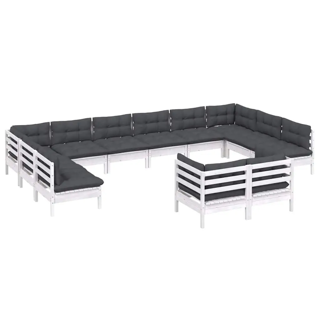 12 Piece Modular Garden Lounge Set White Solid Pinewood with Cushions Outdoor Patio Furniture