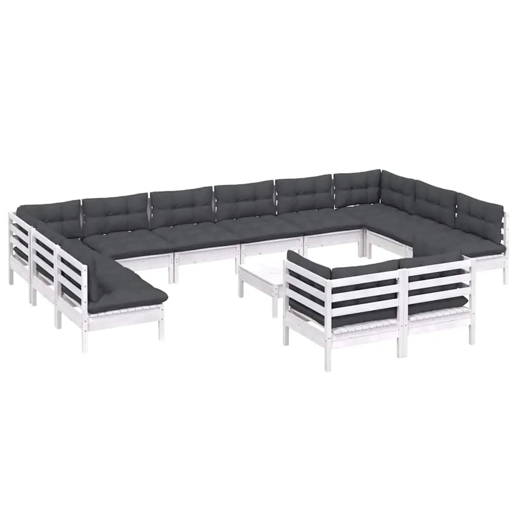 Garden Lounge Set 13 Pieces White Pinewood Modular Patio Furniture with Cushions