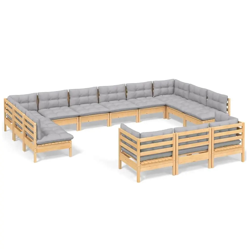 Wooden Garden Lounge Set Solid Pinewood 13 Piece Outdoor Patio Furniture Grey Cushions