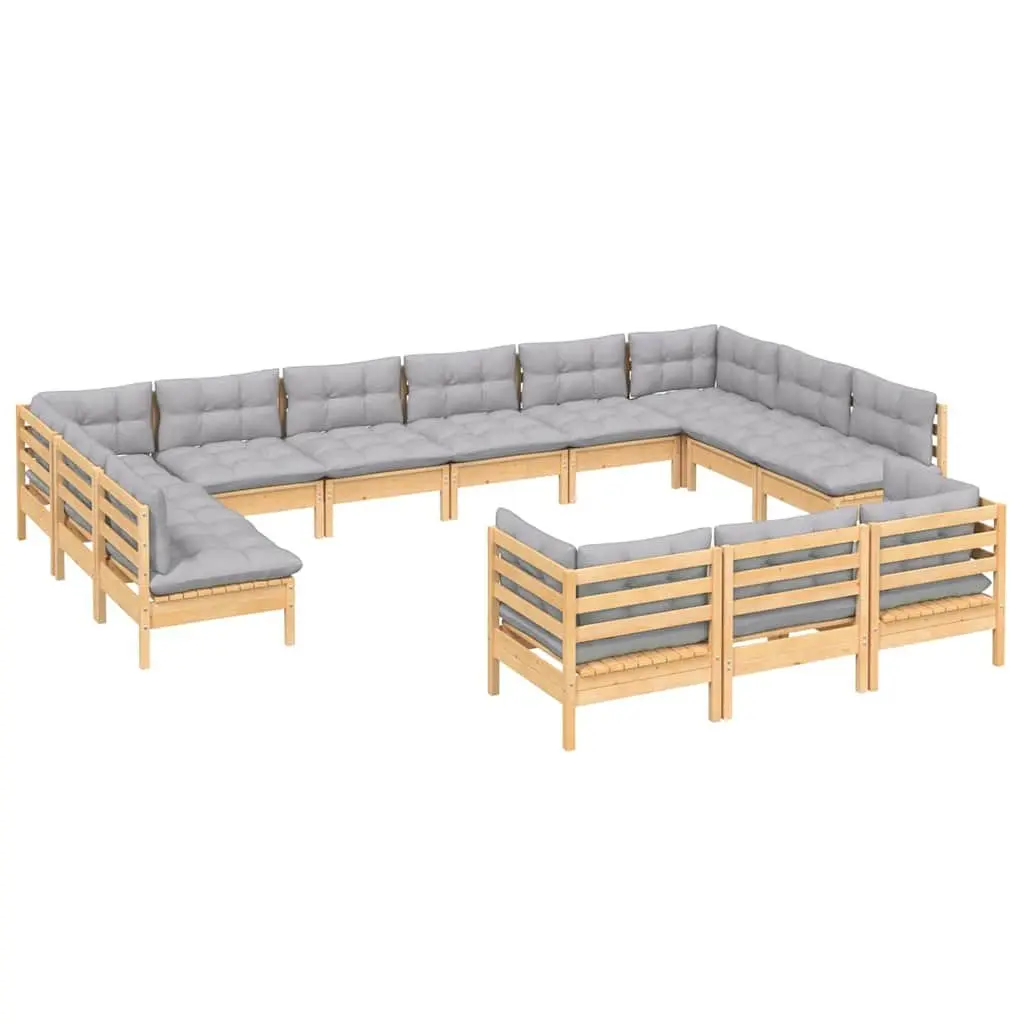 Wooden Garden Lounge Set Solid Pinewood 13 Piece Outdoor Patio Furniture Grey Cushions