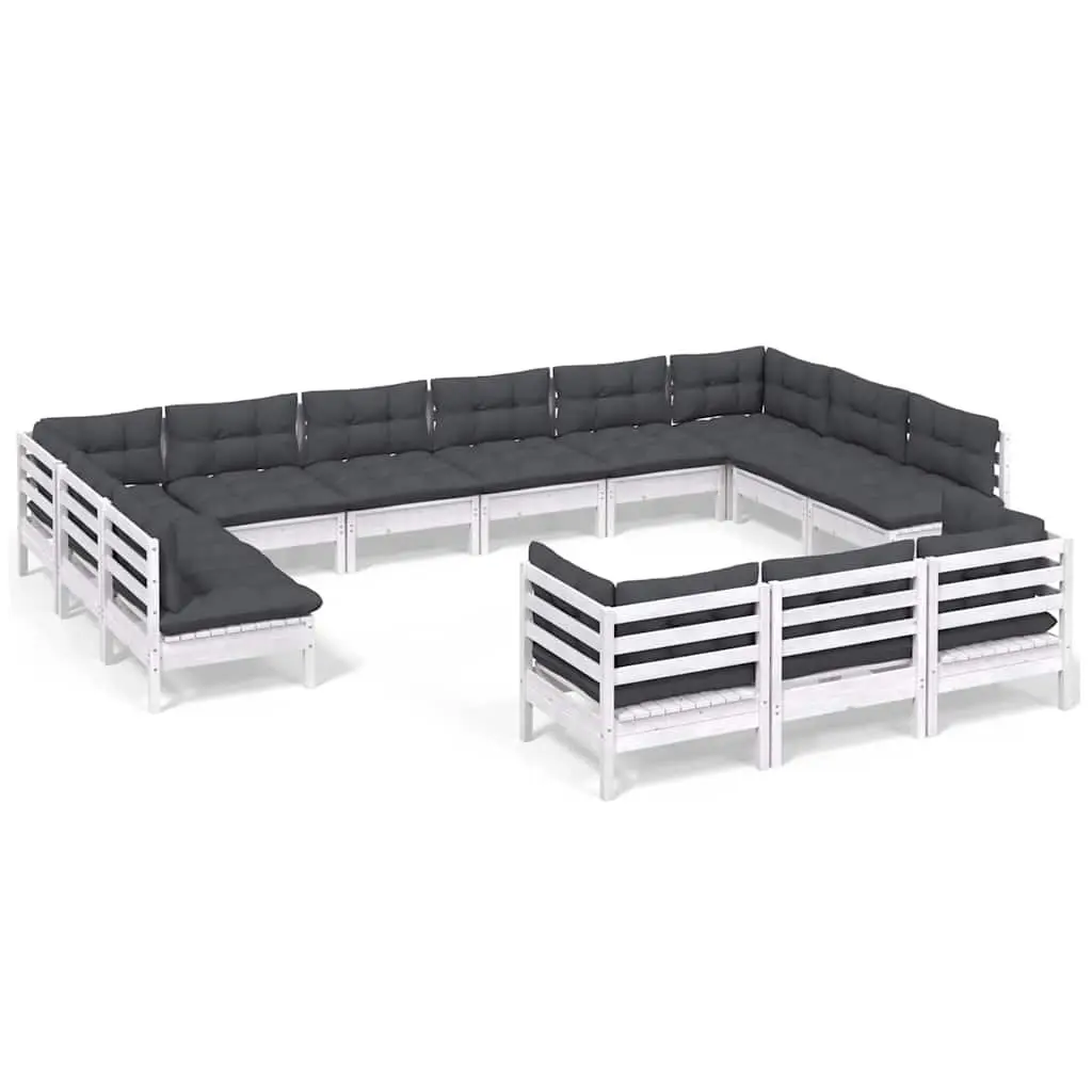 Modular Patio Furniture Set 13 Piece White Solid Pinewood with Cushions for Garden Lounge