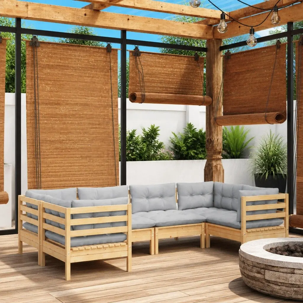 Modular Garden Lounge Set 6 Piece Solid Pinewood Outdoor Patio Furniture with Grey Cushions