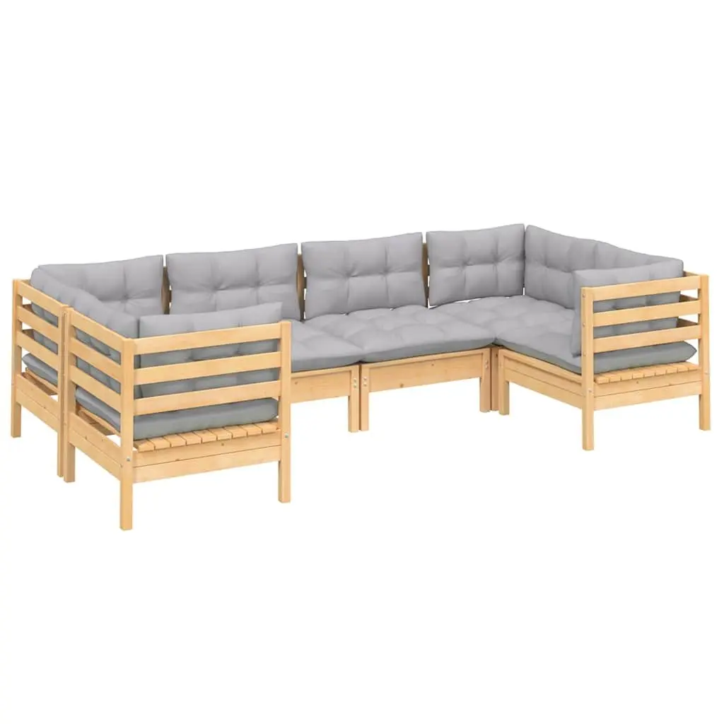 Modular Garden Lounge Set 6 Piece Solid Pinewood Outdoor Patio Furniture with Grey Cushions