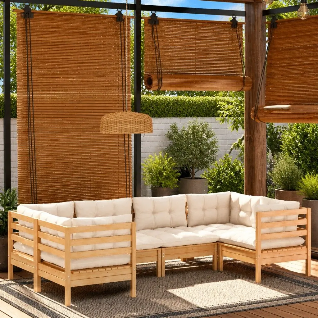 Garden Lounge Set Solid Pinewood 6 Piece Outdoor Patio Furniture Cream Cushions