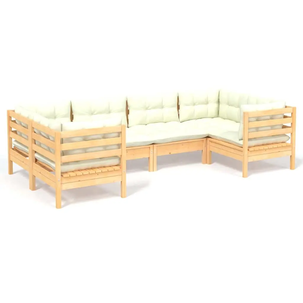 Garden Lounge Set Solid Pinewood 6 Piece Outdoor Patio Furniture Cream Cushions