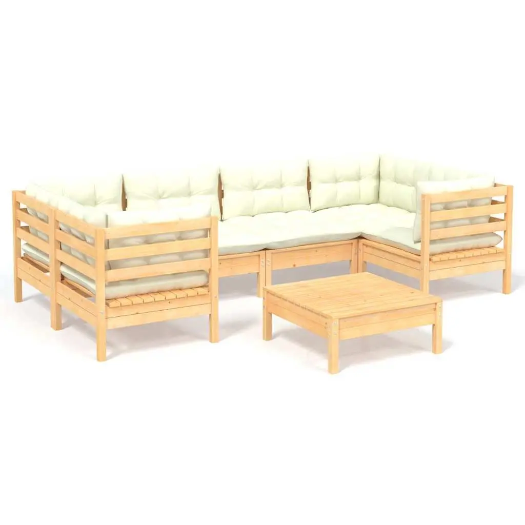 7 Piece Outdoor Patio Furniture Set Pinewood with Cream Cushions Garden Lounge