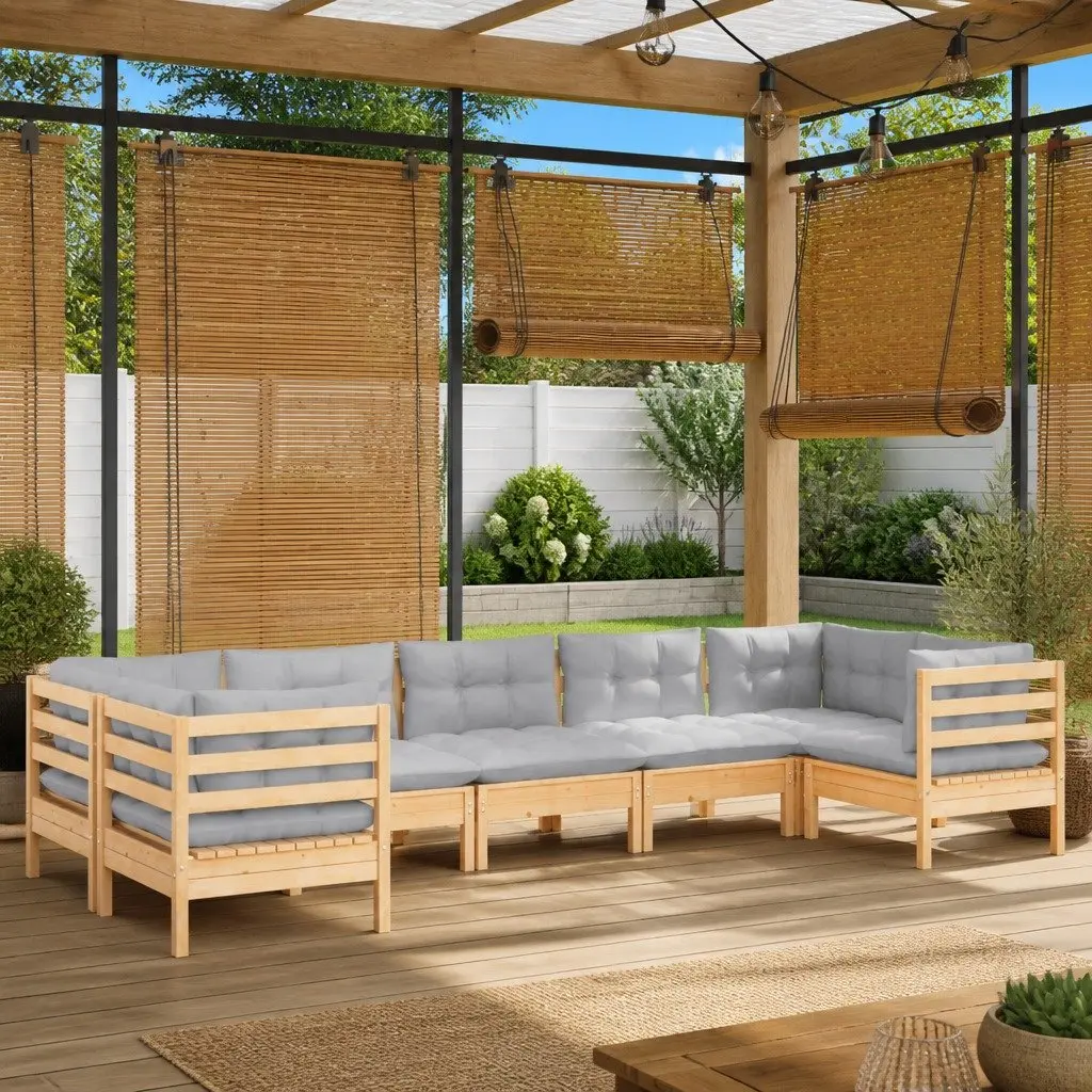 Wooden Garden Lounge Set 7 Piece Outdoor Furniture with Grey Cushions Pinewood
