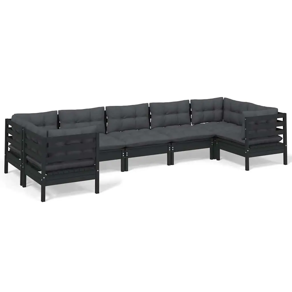 7 Piece Garden Lounge Set Pinewood Cushions Black Outdoor Patio Furniture