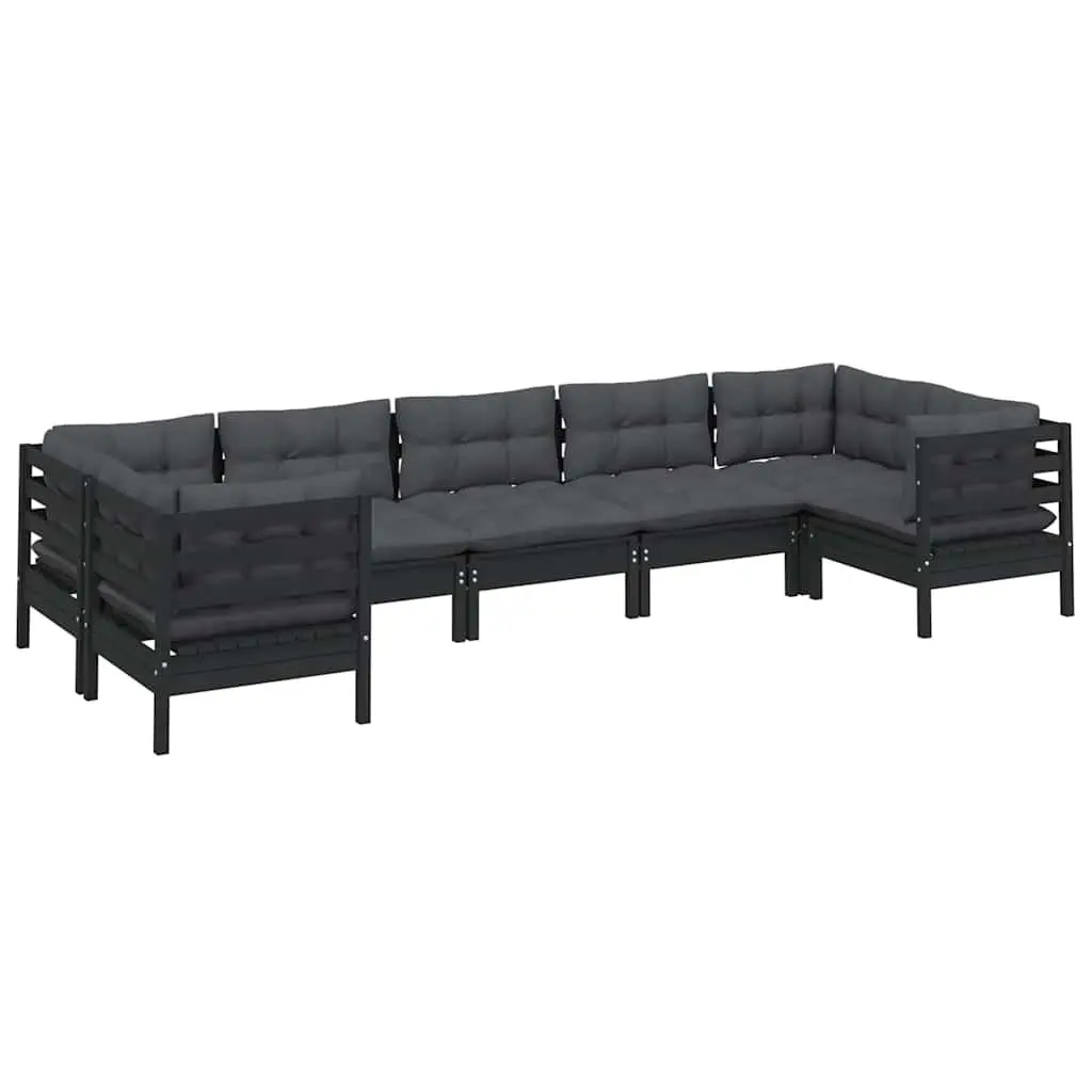 7 Piece Garden Lounge Set Pinewood Cushions Black Outdoor Patio Furniture