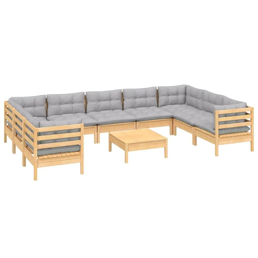 Garden Lounge Set Solid Pinewood 10 Piece Modular Outdoor Furniture Grey Cushions