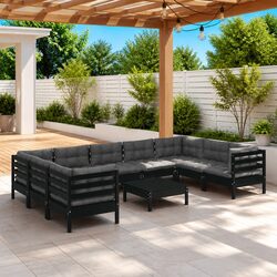 Versatile 10-Piece Black Pinewood Garden Lounge Furniture