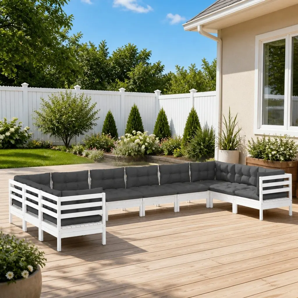 10 Piece Outdoor Furniture Modular Garden Lounge Set White Pinewood with Cushions
