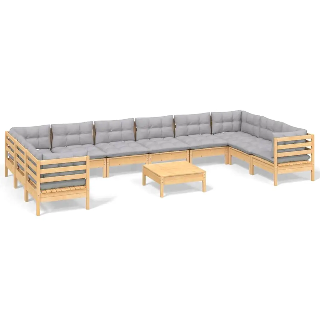 Garden Lounge Set Solid Pinewood 11 Piece Outdoor Patio Furniture Grey Cushions