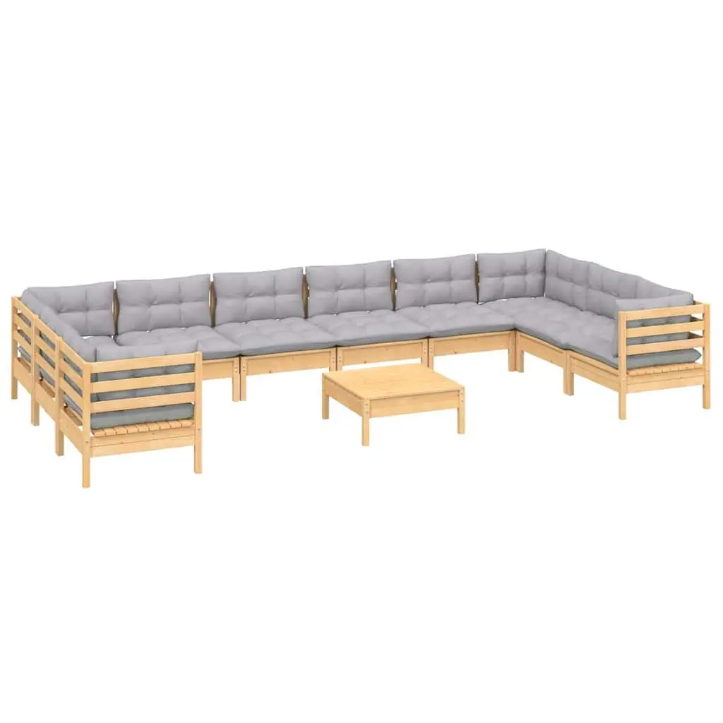 Garden Lounge Set Solid Pinewood 11 Piece Outdoor Patio Furniture Grey Cushions
