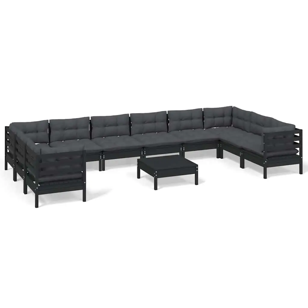 Garden Lounge Set Pinewood 11 Piece Outdoor Furniture Black with Cushions