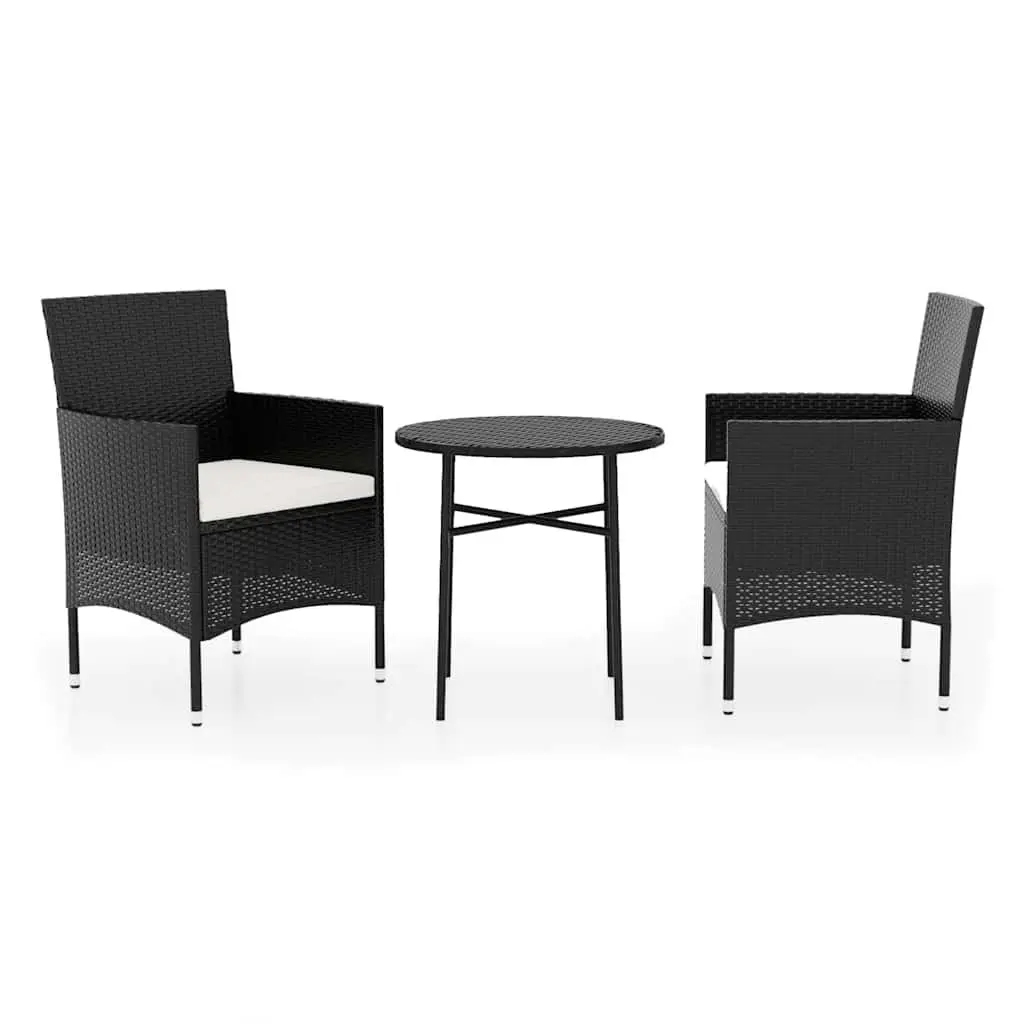 3 Piece Black Patio Dining Set Poly Rattan Lightweight Table and Chairs with Cushions