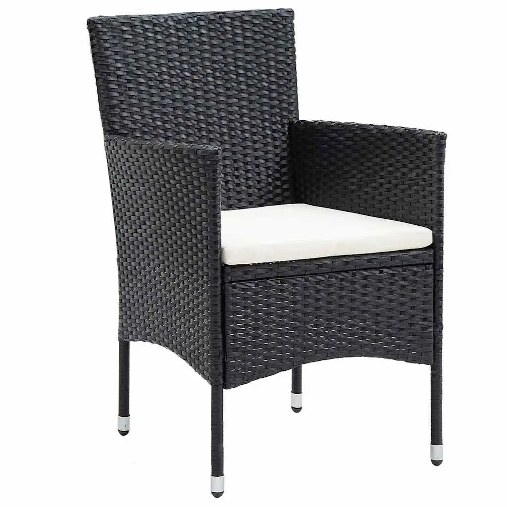 3 Piece Black Patio Dining Set Poly Rattan Lightweight Table and Chairs with Cushions