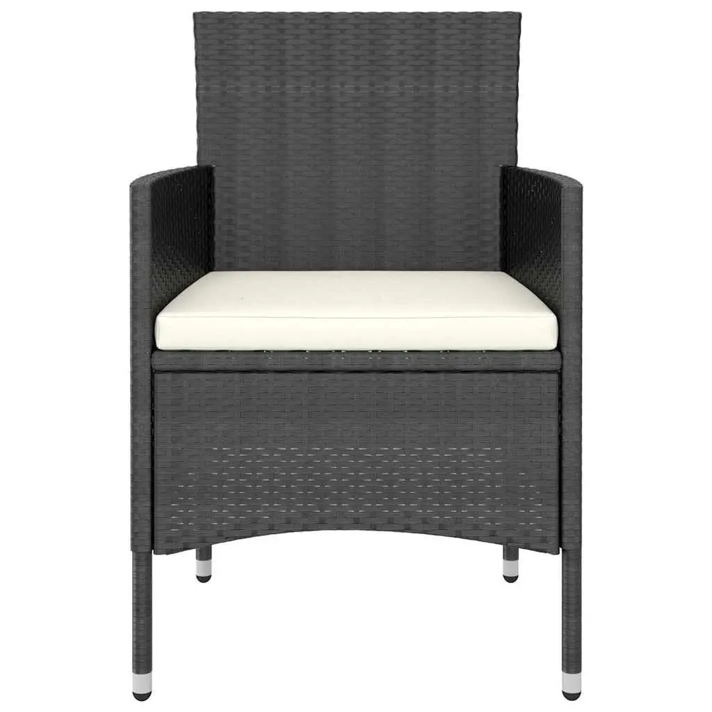 3 Piece Black Patio Dining Set Poly Rattan Lightweight Table and Chairs with Cushions