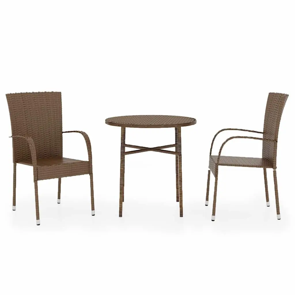 Garden Dining Set Brown Poly Rattan 3 Piece Outdoor Patio Furniture Table Chairs