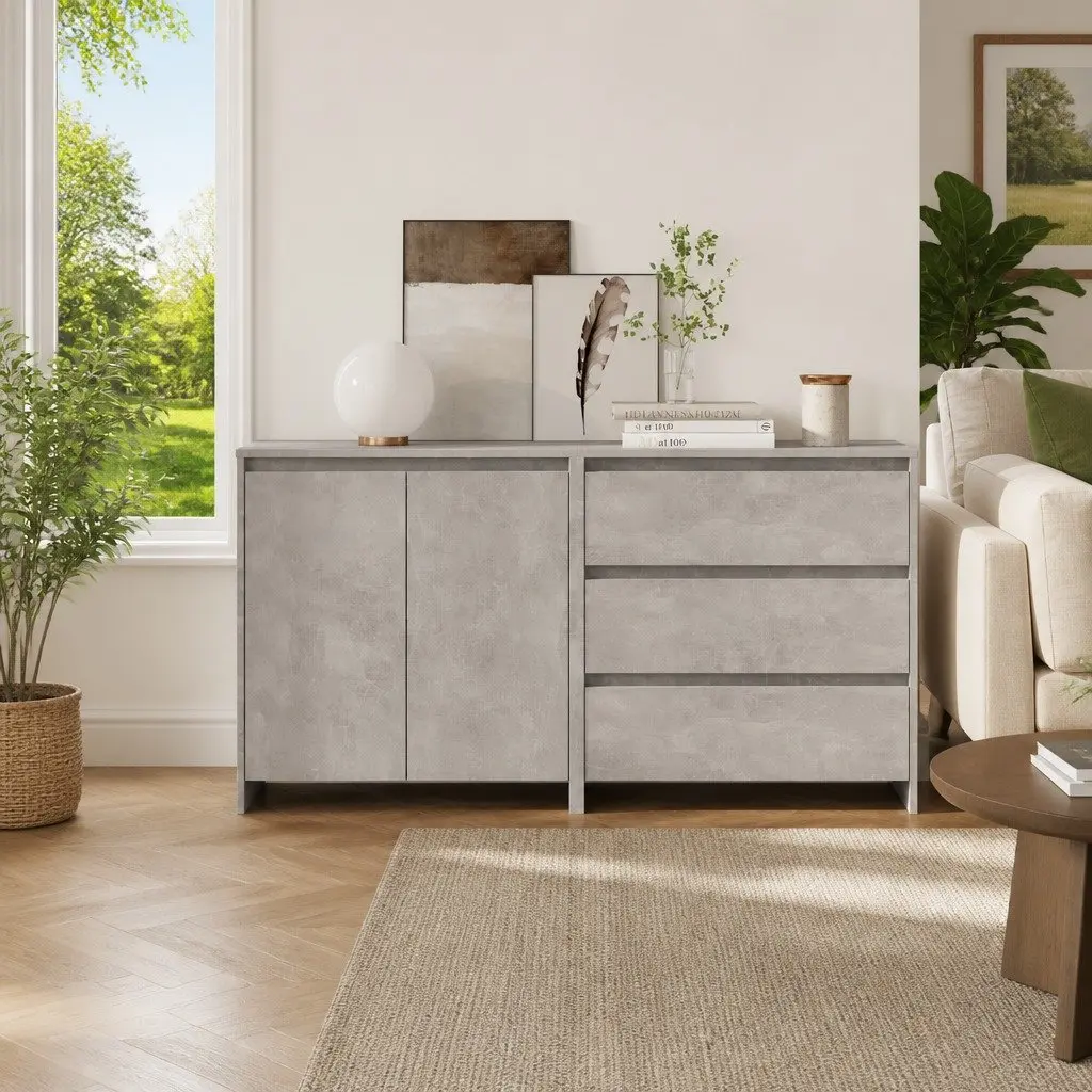 Sideboard Storage Cabinet 2 Piece Engineered Wood Grey Modern