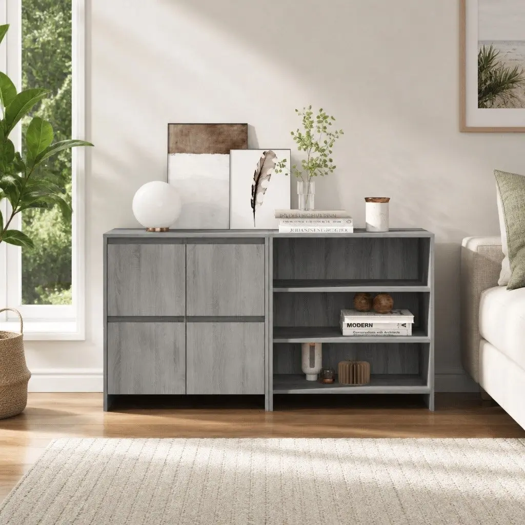 2 Piece Sideboard Engineered Wood Grey Storage Cabinet Buffet Furniture Decor Display Unit