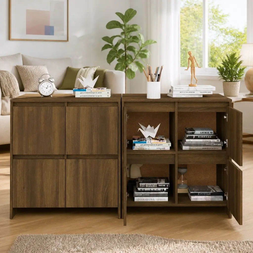 Sideboards Engineered Wood Brown Oak 70x41x75 cm Minimalist Storage Cabinet 2 Piece